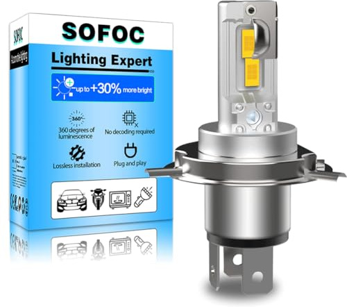 SOFOC H4 Ampoule 9003/HB2 Led 500% Plus Lumineuse Que L'Halogène Phare De Moto/Voiture Feux Antibrouillard Jaune DC 12V-18V 60W 4000Lm P43T Conception Feux De Route Et Feux De Croisement 1Pcs