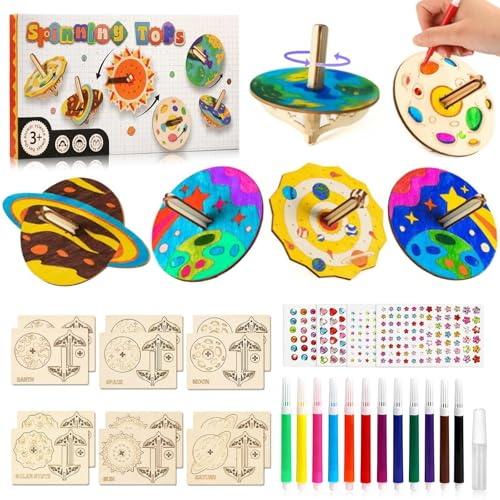 Holzkreisel Bausatz 12STK Holz Bastelset, Kreisel Holz Bastelset zum Bemalen und Basteln Holzbastelset für Kinder Jungen Mädchen