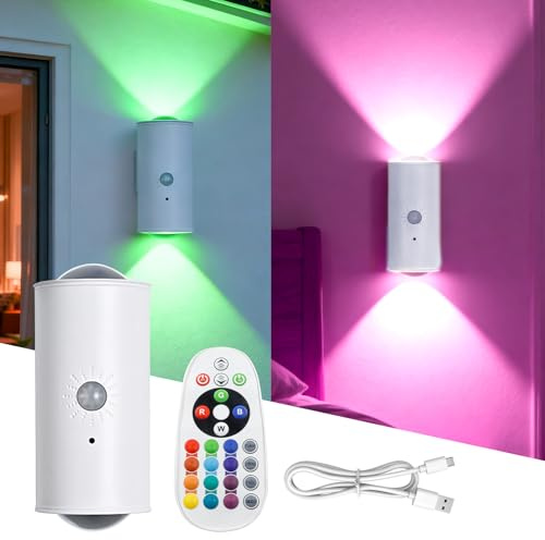 Intelligentes LED-Nachtlicht mit Bewegungssensor, RGB-Farbverlauf dimmbar | Smart LED Wandlampe Innen/Außen,Led Wandleuchte Innen Akku,Fernbedienung Wiederaufladbare Kabellose Wandlampe fürSchlafzimmer