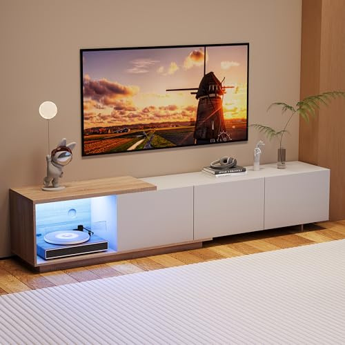 Meuble TV Extensible 163-240 cm avec Eclairage LED réglable, Meuble Télé Moderne avec 3 Tiroirs Rangement et 1 Niche Ouverte, Banc TV Table pour Salon ou Chambre (Blanc 2, 163-240 x 38 x 44 cm)