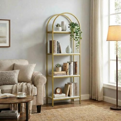 JOLLYTOP Bücherregal, 4-stöckiges Regal, Ausstellungsregal aus Metall&Holz | Industrieregal, Standregal, für Schlafzimmer, Wohnzimmer, Homeoffice, Gold und Weiß
