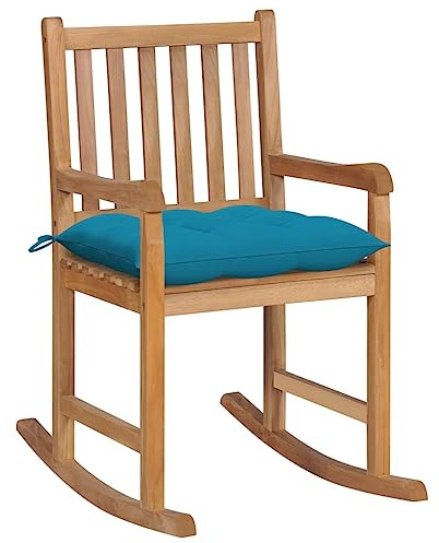 IBUQDDV Schaukelstuhl aus Massivholz Teak mit Hellblauem Kissen für Innen und Außen, Wetterbeständige Gartenmöbel mit Lattendesign und Auflage