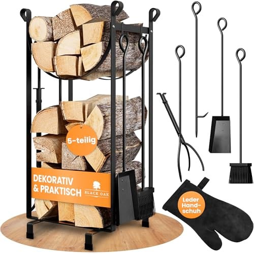 BLACK OAK JACINTO - Soporte para leña de chimenea con guante de piel, acero negro, 78 x 30 x 36 cm, 5 piezas, 2 niveles, juego de utensilios para chimenea, 4 piezas, pala, atizador, alicates +
