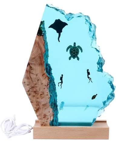 Epoxidharz-Nachtlicht mit Tauchern, Fischen und Schildkröten, LED-Nachttischlampe, dekorative Lampe zum Thema Tiefseetauchen mit Holzfuß, USB-betrieben für Schlafzimmer, Büro und W