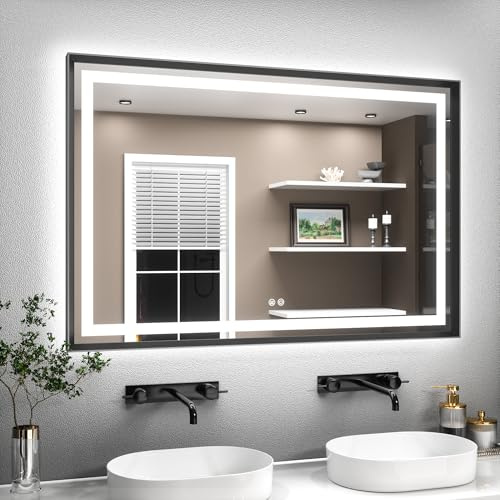 TETOTE Badspiegel mit Beleuchtung Schwarz Metallrahmen 120x80cm, Badezimmerspiegel Beleuchtet Beschlagfrei Wandspiegel Led Bad Spiegel mit Touch-Schalter, 3 Lichtfarben Dimmbar Speicherfunktion