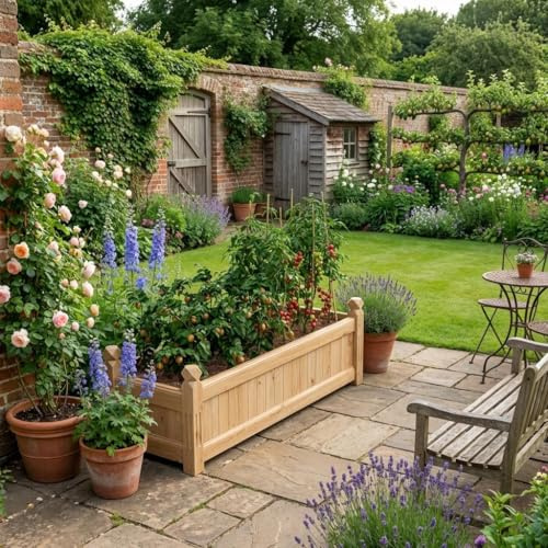 GarveeMore 110x40x35cm Wooden Raised Garden Bed with Drainage, Rectangular Timber Trough Planter Box for Veg & Flowers, Heavy Duty Indoor Outdoor Garden Planter for Balcony & Decking