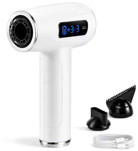 300W Akku Haartrockner Kabellos, Akku Reisefön - 9 Geschwindigkeiten, Tragbarer Haartrockner mit Digitalem Bildschirm, Type-c Akku Föhn für Frauen Camping, Weiß