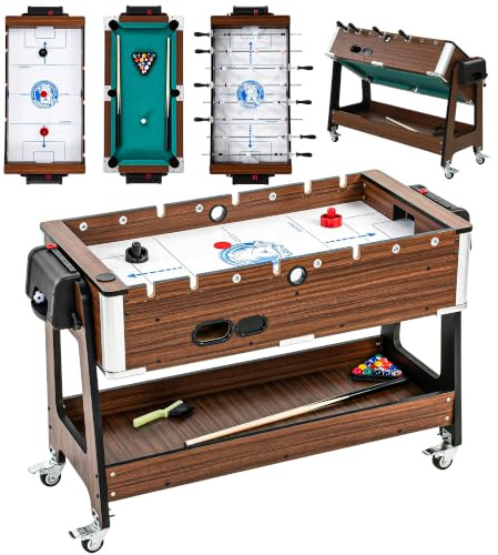 SPORTNOW 3-in-1 Multi Spieltisch Drehbar Komplett Set mit Zubehör | Multifunktionstisch, Billardtisch, Tischfußball, Airhockey, Ablagefach, Rolle, Kickertisch, Spieletisch, Erwachsene
