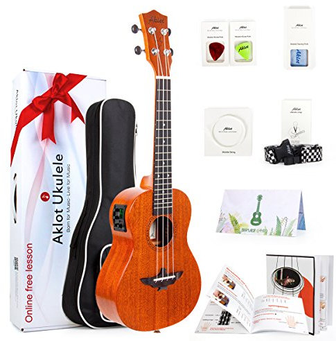 Aklot Electro-acoustique Tenor 26 Ukulélé Électrique Ukulele en acajou massif en Acajou avec Egaliseur à 3 bandes, Accordeur Intégré .avec début Kits Cours Gratuit