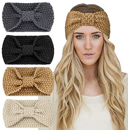 DRESHOW 4 Pièces Bandeau Cheveux pour Femme Bandeaux Hiver Serre-Tête Tricoté Oreille Réchauffeur Chaud Noué Bande Elastique Cheveux,Taille unique,Multicolore-Noir, Marron, Gris, Blanc