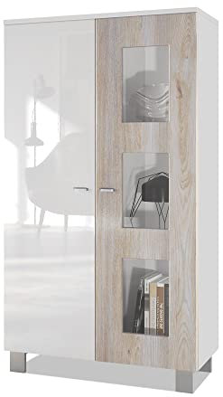 Vladon Vitrine Denjo, Made in Germany, Standvitrine mit 2 Türen und 3 Glaseinsätzen, Weiß matt/Weiß Hochglanz/Eiche Nordic (71 x 129 x 35 cm)