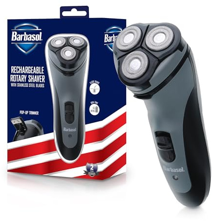 Barbasol Rotary Shaver, Rechargeable Electric Rotary Shaver with Stainless Steel Blades, Pop-Up Trimmer, Wireless Cordless Electric Razor, Close Shave, Full 8 Hour Charge Provides 45 Minute Run-Time