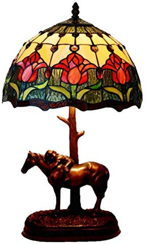 Yjmgrowing 12-Zoll rote Tulpe Tiffany Stil Glasmalerei Tischlampe mit Harz Pferd Basis Schlafzimmer Nacht Kunst Beleuchtung, E27 (Lampen Nicht enthalten)