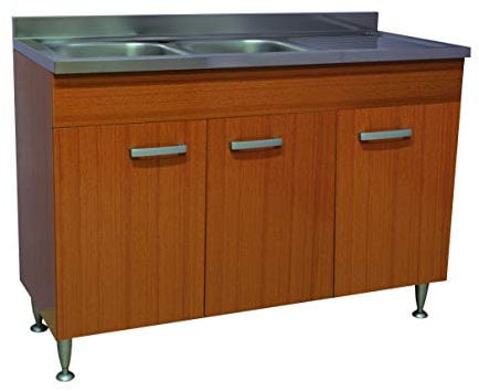 Mueble cocina teca de 3 puertas con fregadero inoxidable izquierdo, 120 modular, para debajo del fregadero