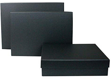 Emartbuy Set of 3 Rigid Gift Box, Textured Black Box with Black Lid & Printed Interior