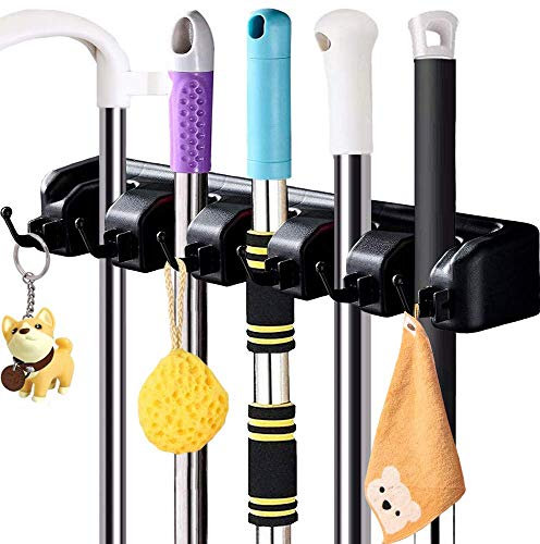 Broom Mop Holder, Heavy Duty Wall Mounted Mop Clip Hangers Broom Storage Tidy Organizer with 5 Racks 6 Retractable Hooks Holds up to 11 Tools Perfect for Brush Kitchen Bathroom Office Garden