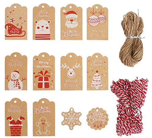 DERAYEE Weihnacht 102 stück Kraftpapier Geschenkanhänger Anhänger Etiketten 5x7.5cm mit Jute-Schnur 31m und rot/weiß Baumwollgarn 31m,12 Designs für Weihnachten