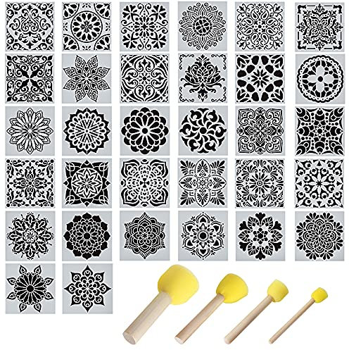 Gativs Mandala Schablonen 32 Stück Schablonen Vintage Ornamente Mandala Schablone Set Fliesen Schablone Mandala Schablone Airbrush Schablonen Set Wiederverwendbare Schablonen mit Schwammpinsel