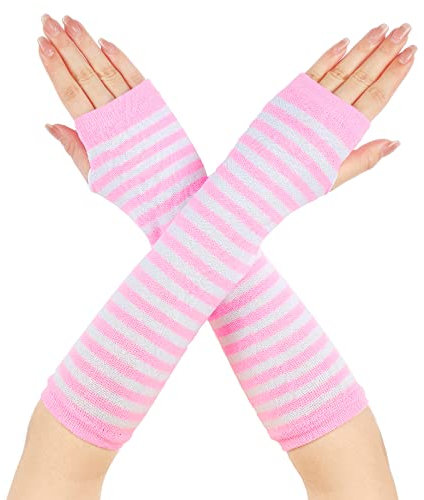 Lange Armwärmer Gestreift Fingerlose Handschuhe für Frauen (Rosa und Weiß)
