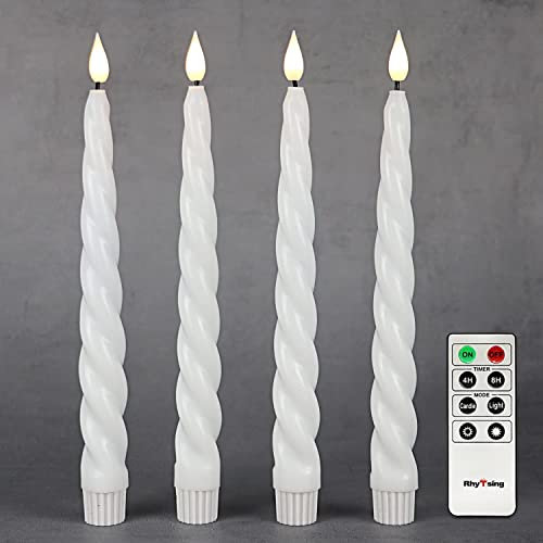 Rhytsing 4 flammenlose Stabkerzen Tafelkerzen Weiß Spiralkerzen gedrehte mit Timer Funktion, Leuchterkerzen mit warmweißes Licht, Fernbedienung und Batterien enthalten, Höhe 24,5 cm