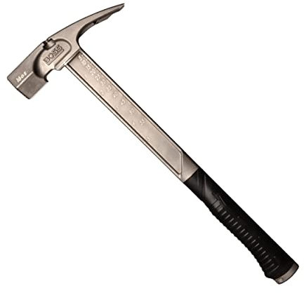 Boss Hammer Pro Series Titanium Hammer with Over-Molded No-Slip Rubber Grip - 16 oz, Construction Grade, Dual Side Nail Pullers, Milled Faced - BH16TIM