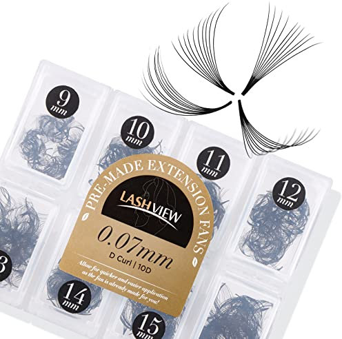 LASHVIEW 1000 Premade Volume Eyelash Extensions Mixed Tray 10D Premade Fans Eyelash Extensions D Curl Premade Lash Fans Pointed Handmade Promade Loose Fans Thin Base (10D-0.07D,9-16mm)