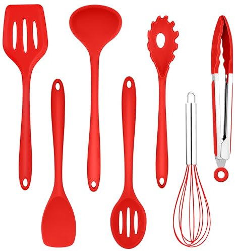 Homikit Silikon Küchenhelfer Set, 7 Stück Antihaft Küchenutensilien Kochbesteck Set, Hitzebeständiger Kochutensilien Küchenzubehör zum Kochen, Backen, Gesund/Spülmaschinenfest, Rot