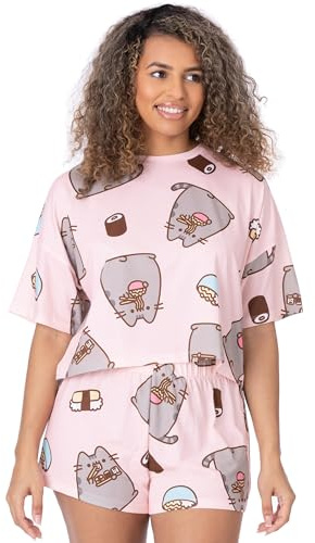 Pusheen the Cat Pusheen Womens Pyjama Set | Ladies Cropped Short Sleeved T-Shirt With Shorts Bottoms Pjs | Pastel Pink Cartoon All Over Print Nightwear Pyjama Merchandise for Adults
