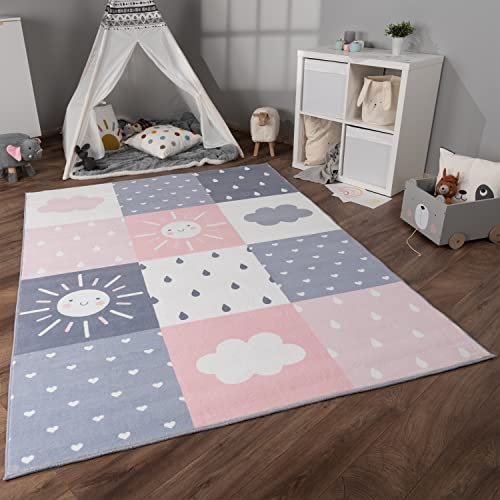 Paco Home Teppich Kinderzimmer Kinderteppich Spielteppich Kurzflor rutschfest Krone Herzen Punkte Sonne Regenbogen Buchstaben, Grösse:160x220 cm, Farbe:Rosa