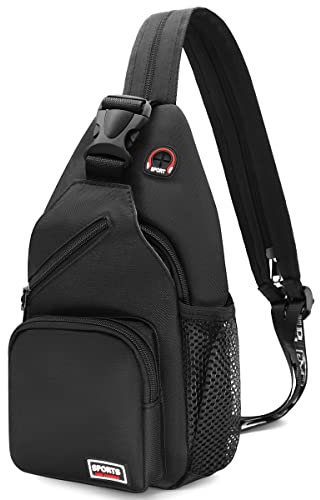 HNOOM Sling Bag Damen Klein Rucksack mit Kopfhörerloch Brusttasche Damen Oxford-Stoff Crossbody Bag Damen Casual Daypack mit Verstellbarem Schultergurt für Outdoorsport, Reisen, Einkaufen (Schwarz-L)