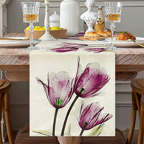 Avoik Lila Blumen Tischläufer Modern Wohnzimmer Abstrakt Tischdecke Leinen Tulpen Tischläufer Faltenfrei rutschfest Tischband Dekoration für Esszimmer Party Urlaub 33x180cm