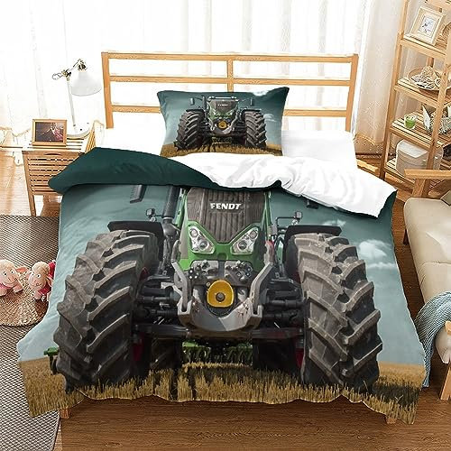 LENTLY Traktor 3 Teilig Bettwäsche Set 3D Microfaser Bettbezüge Und Kissenbezug Trecker Bettbezug Set Mit Reißverschluss for Children Boys Girls Single（135x200cm）