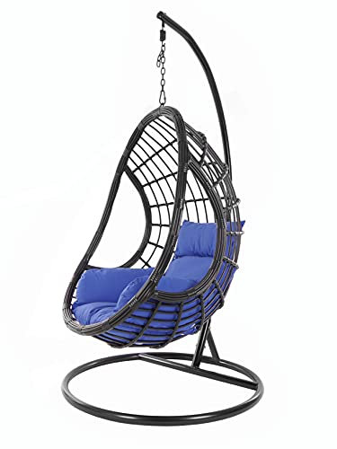 KIDEO Komplettset: großer Hängesessel mit Gestell & Kissen, Poly-Rattan, schwarz (Kissen: blau Nest (5900 Admiral))
