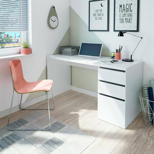 Dmora - Schreibtisch Reedsport, Wendeschreibtisch mit 3 Schubladen, platzsparender Bürotisch mit Mehreren Positionen, 138 x 60 x 74 cm, Weiß