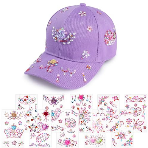 Aomig DIY Baseballkappe, Verstellbar Baseballkappe Bastelset Kinder Mädchen mit 10 Pcs Glitzersteine Selbstklebend, Baseball Cap Sonnenhut Geschenke für Mädchen 4 5 6 7 8 9 10 11 Jahre(Lila)