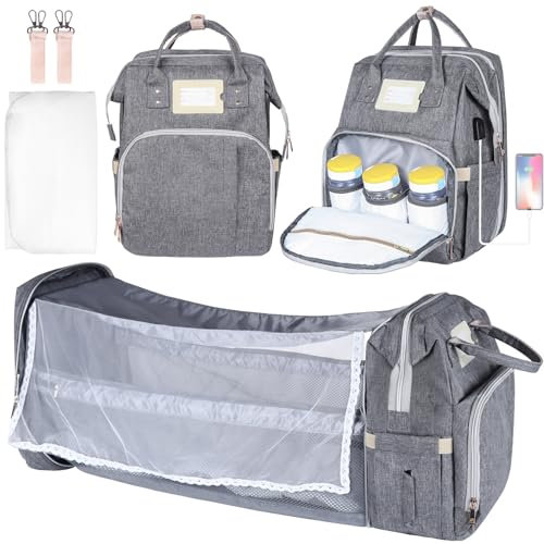 Borsa Zaino Fasciatoio Grande con Lettino Pieghevole, Materassino, Cinghie per Passeggini, Tasche Isolanti Bottiglia - Unisex per Mamme e Papà, Grigio Scuro