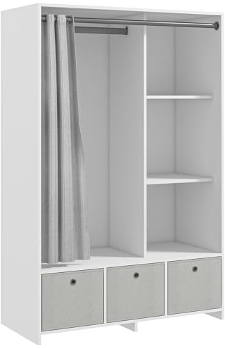 HOMCOM Armoire penderie, Dressing avec Rideau, Armoire Chambre vêtement, Garde-Robe avec Tringle, 3 Compartiments et 3 tiroirs en Tissu Amovibles - 105 x 48 x 160 cm, Blanc