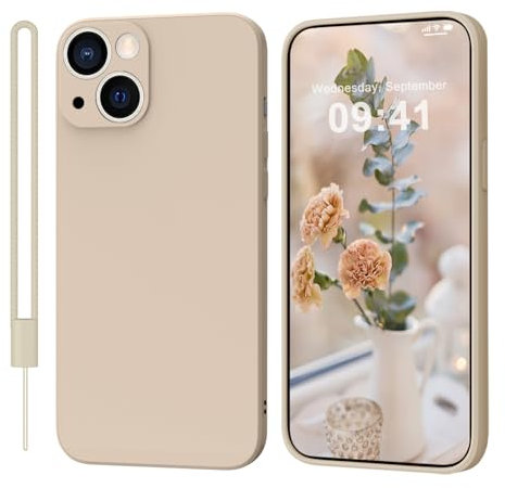 MSKJ Hülle für iPhone 13 Silikon(6,1 Zoll), (mit Lanyard) Ultra-dünne Ganzkörper-Handyhülle Case Kameraschutz Kompatibel mit iPhone 13 Beige