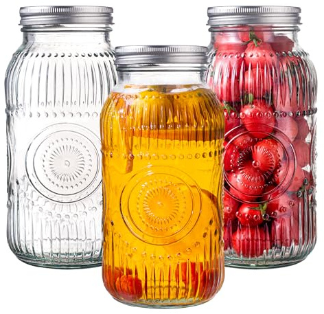 Amzcku Einmachgläser im Vintage-Stil mit Deckel, breite Öffnung, 1,8 l, sicher für Lagerung, Einkochen, Einlegen, Konservieren, Fermentieren, Basteln und Dekorieren, 3 Stück