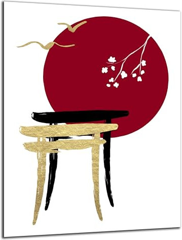 DARO Design - Wand-Bild 6mm HDF 70x50 cm Japan Japanische Kunst rot schwarz weiß Gold - Wand-Deko Bilder Wohnzimmer