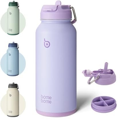 bottlebottle BOTTLE BOTTLE Edelstahl Trinkflasche 1L mit Strohhalm – Auslaufsichere Isolierflasche für Sport & Fitnessstudio, mit Pillenfach, BPA-frei, doppelwandig (Hellviolett)