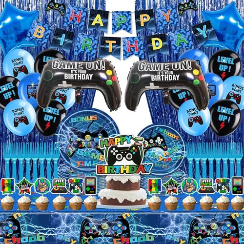 Gaming Party Decorations - Video Game Birthday Party Decorations Set Includes Banner, Plates, Tablecloth, Fork, Tinsel Curtains, Latex Balloons, Star Balloons, Cake Toppers for Gamer Birthday Party