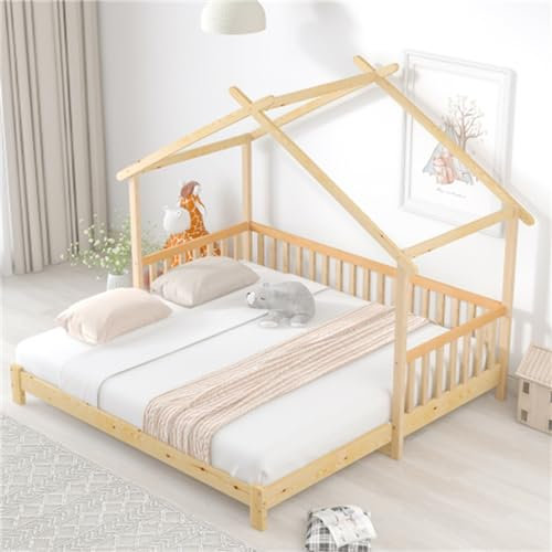 Baumhausförmiges Kinderbett Mit Zaun Gegen Absturz, Hausbett, Heimbett, Ausziehbares Kinderbett, Bett Für Teenager, Gestell Aus Kiefernholz, Naturfarben,200 X 90Cm.