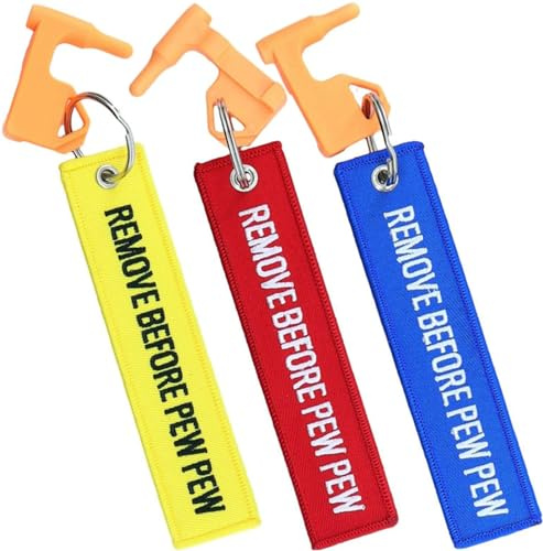 YONCONO Lot de 3 Drapeaux de sécurité pour Fusil de Chasse, Pistolet, étiquettes brodées, Porte-clés à Remove Before Pew Pew – Compatibilité Universelle