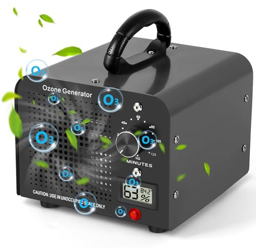 Generatore di Ozono 60000mg/h, Purificatore d'Aria Ozono con 120 Min Timer, Temperatura, Display di Umidità, Ozonizzatore per Auto, Casa, Ambiente, Fumo, Odori di Animali Domestici e Cucina