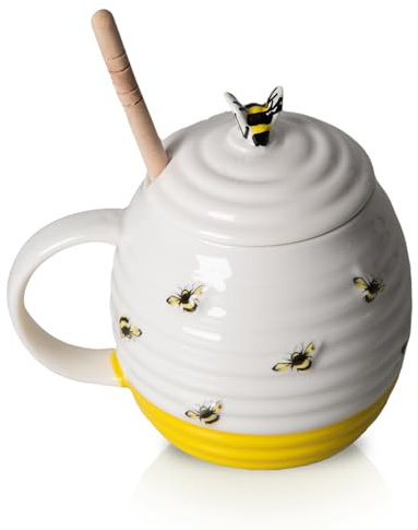 Prefdo Ceramic Honey Pot Jar with Wood Drizzler, British Designed Honey Jar With Honey Dipper, Perfect for Honey and Maple Syrup, 350ml