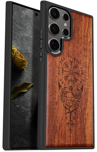 Carveit Handyhülle für Galaxy S25 Ultra, Pflaumenfarbe-Wikingerkompass | Holzdesign Case [Holz und TPU Silikon Hybrid Hülle] Cover Kompatibel Samsung S25 Ultra 5G Handyhulle