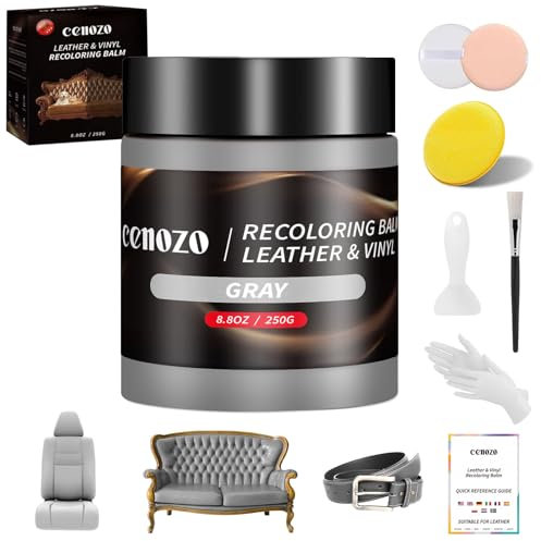 cenozo Kit Reparation Cuir,Teinture Cuir Gris,Peinture Cuir Liquide,Pâte Réparatrice Cuir pour Cuir Canapé,Chaussures,Sièges de Voiture,Blouson en Cuir Rayures et Décoloration