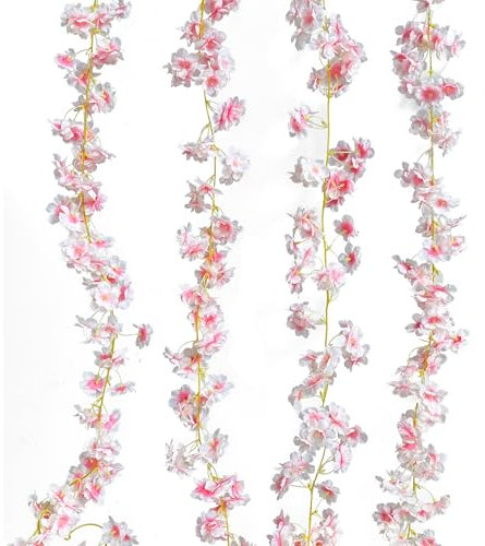 duoyif Blumengirlande Künstliche Kirschblüten Girlande Blumenrebe Blumengirlande Frühling Aesthetic Girlande Seidenblumen Hängend Vines Für Hochzeit Party Garten Zimmer Deko 1,8M 4Stk (Kirschblüte)
