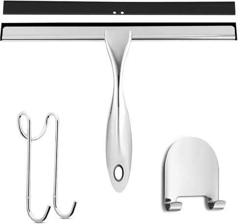 SURFOU Duschabzieher Edelstahl 25cm Schwarz,Abzieher Dusche mit 2 Haken, Fensterabzieher für Badezimmer, Enthält 2 Ersatz-Gummilippen, Für Spiegel/Glas/Fliesen, Hinterlässt Keine Wasserstreifen